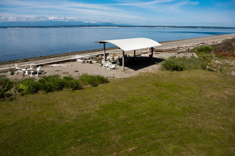 View from cabin across the lawn to beach shelter